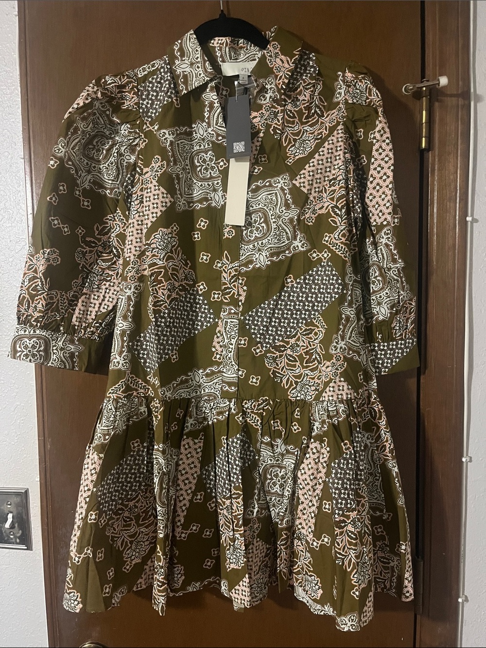 Pinch Olive Green Floral Paisley Shirt with Pink and White Accents